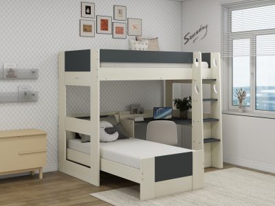 A modern children's room featuring a cream and dark grey bunk bed with a built-in desk and shelves. The lower bunk has a white mattress and a grey headboard. The upper bunk is empty. A desk area is situated below the upper bunk, equipped with a laptop, a white chair, and a plant. Integrated shelving units are on the right side of the bunk bed. The room has light-colored patterned wallpaper, a large window with a cityscape view, and framed artwork on the wall above the desk. A dresser is visible on the left side of the room. The word "Someday" is written on the wall.