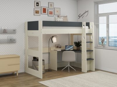 A modern bedroom features a white and grey high sleeper loft bed with a built-in desk, shelving, and wardrobe.