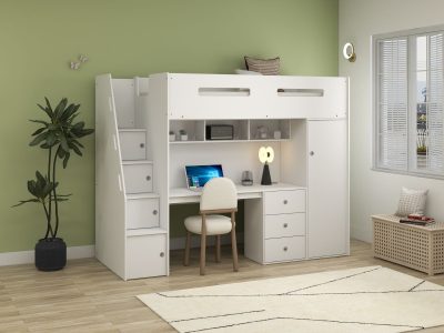 Ohio White King Single Loft Bunk With Desk, Wardrobe & Shelving