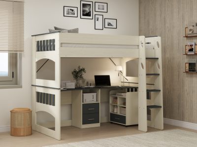 A king single loft bunk bed in a modern room with a desk and shelving underneath, featuring a laptop, lamp, and drawers, alongside a window with blinds, a woven laundry hamper, and framed pictures on the wall