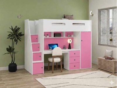 Ohio White & Pink Single Loft Bunk With Desk, Wardrobe & Shelving