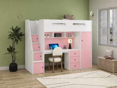 Ohio White & Pink Single Loft Bunk With Desk, Wardrobe & Shelving