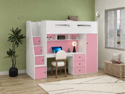Ohio White & Pink Single Loft Bunk With Desk, Wardrobe & Shelving
